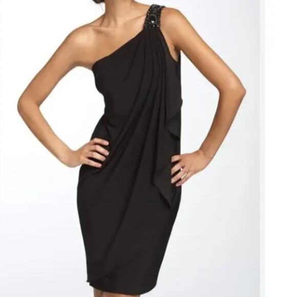 Maggy London Black One Shoulder Cocktail Drape Dress Size 6 - Picture 1 of 6